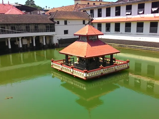 The temple tank with its pavilion in the middle