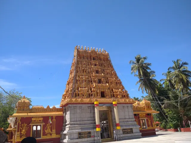 The temple's gopuram rising behind its courtyard, with coconut palms