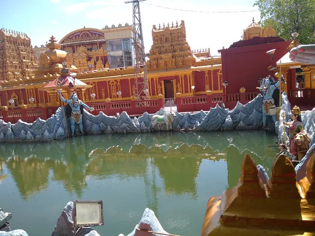 The temple pond ringed with painted figures