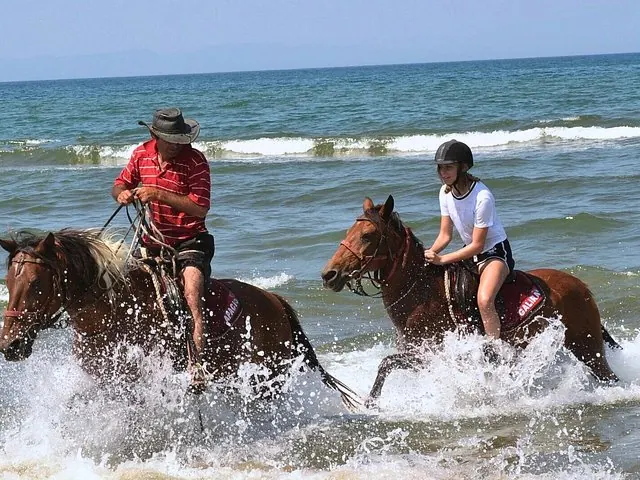 Two riders walking their horses through breaking waves